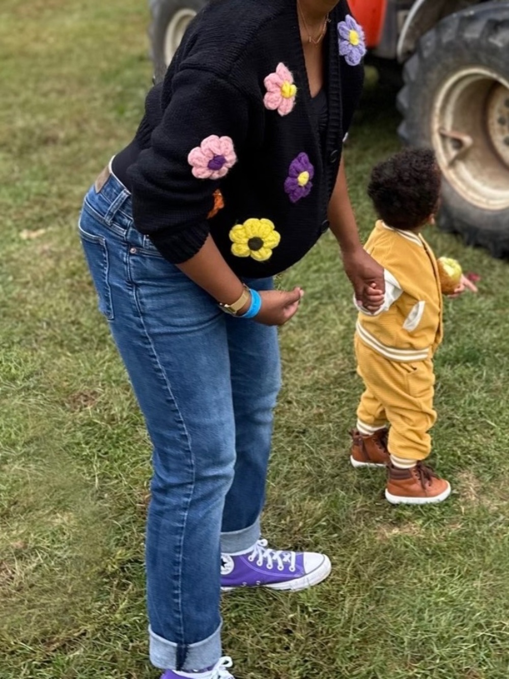 Crocheted/Knit Matching Flower Sweater Set